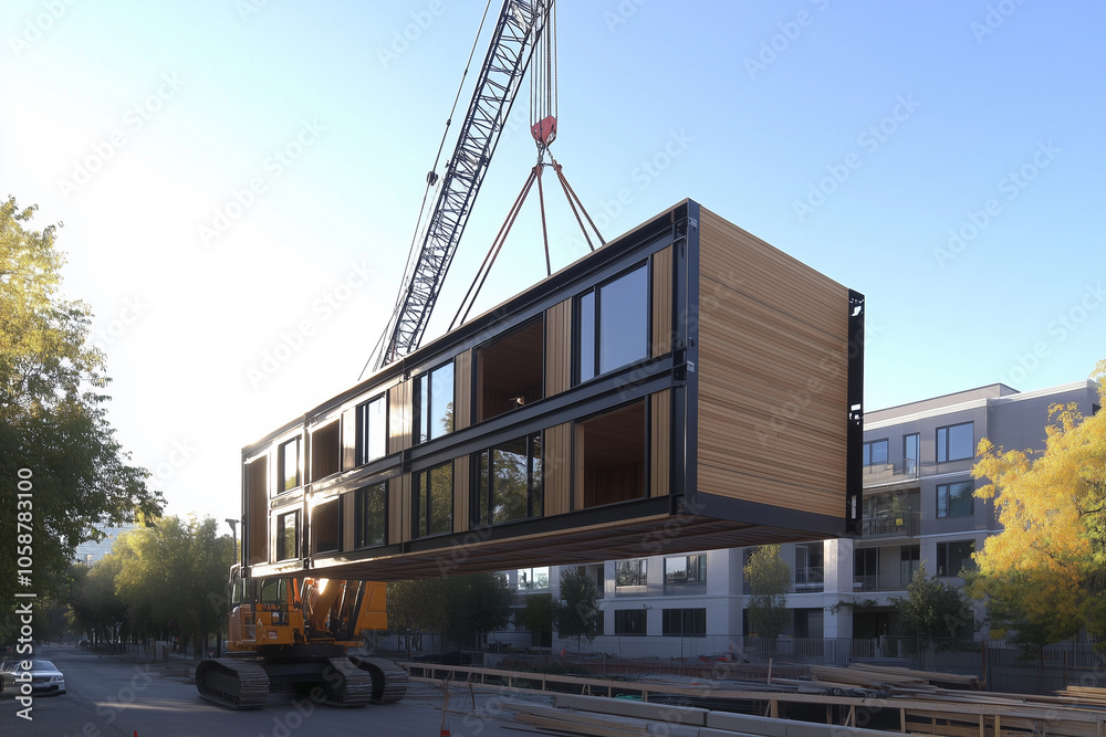 Wooden building modules lifted by crane at construction site Wooden building modules lifted by crane at construction site