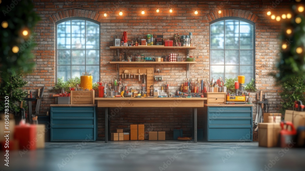In a warm workshop, Santa prepares for the holiday season, surrounded by colorful presents, a workbench filled with tools, and cheerful decorations.
