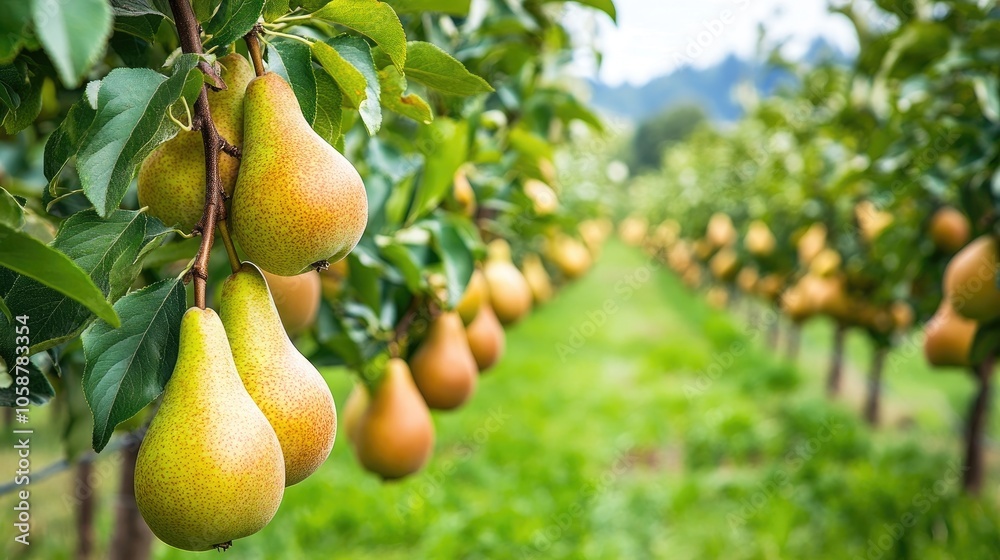 Orchard rows filled with trees create a lush scene, abundant with pears and providing ample shade. This tranquil orchard landscape captures the beauty of nature with ideal photo style copy space. Orchard rows filled with trees create a lush scene, abundant with pears and providing ample shade. This tranquil orchard landscape captures the beauty of nature with ideal photo style copy space.