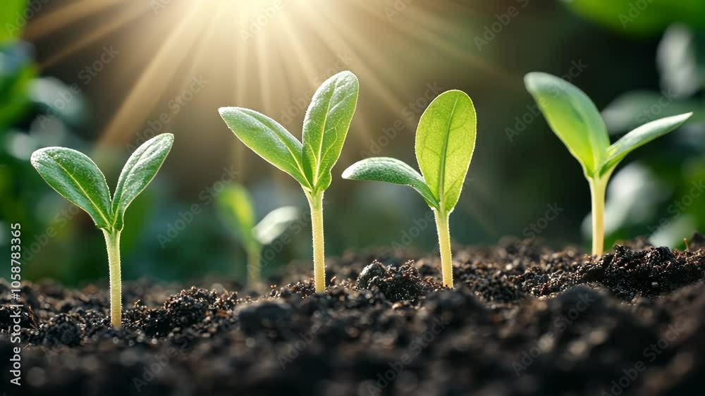 Sunlit young seedlings sprouting from rich soil, symbolizing growth and renewal, ideal for Earth Day Sunlit young seedlings sprouting from rich soil, symbolizing growth and renewal, ideal for Earth Day