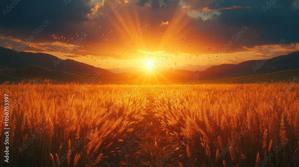 Fototapeta premium Golden Sunset Over Grass Field