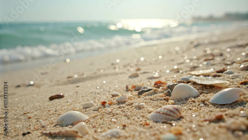 Seashells and Sand Glisten Under the Soft Glow of the Sun, a Gentle Reminder of the Ocean's Grace