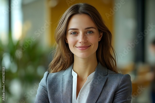 Professional Woman in Grey Suit with Natural Smile in Office Setting