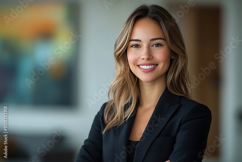 Professional Woman in Stylish Black Blazer Smiling Confidently