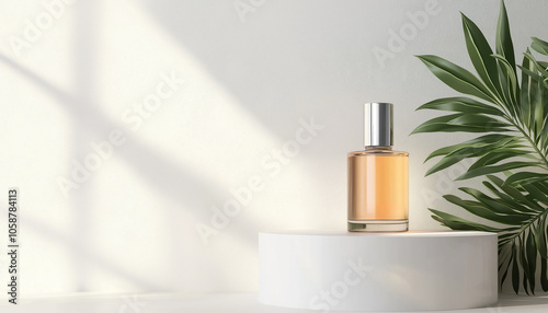 Minimalist fragrance product photography with natural shadows and copy space for beauty branding design