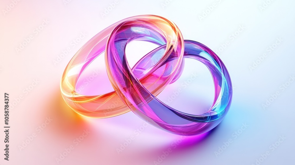 rings intertwined in an infinity shape with soft neon light reflections on a pure white backdrop The rings seem to be defying gravity, rings intertwined in an infinity shape with soft neon light reflections on a pure white backdrop The rings seem to be defying gravity,