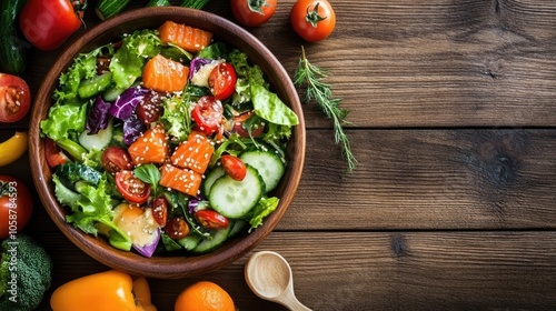 Salmon poke salad presented in a bowl, combined with an array of mixed vegetables, arranged on a wooden table with ample copy space for design elements.