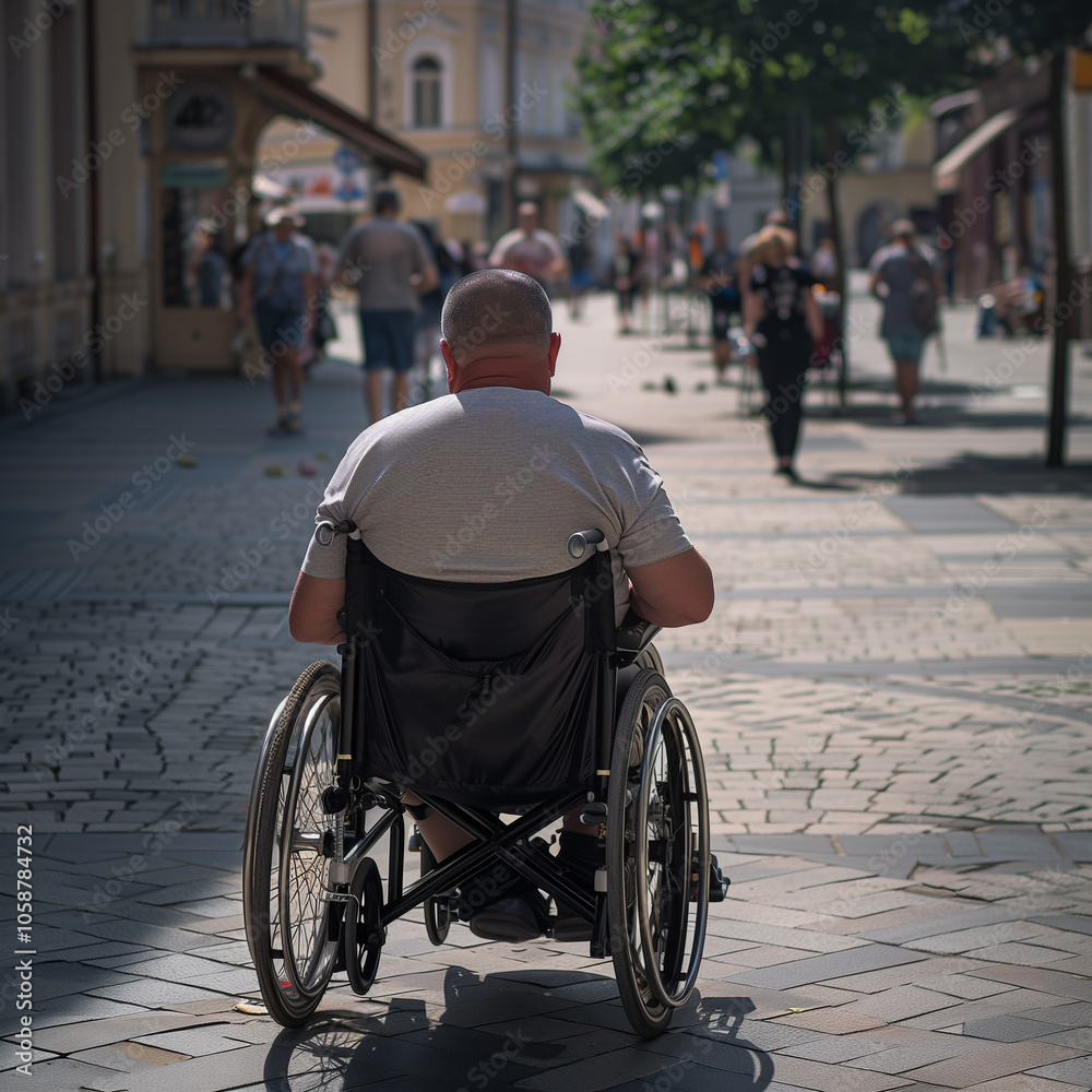 Obraz premium A large, middle-aged man in a wheelchair on the sidewalk, viewed from behind.