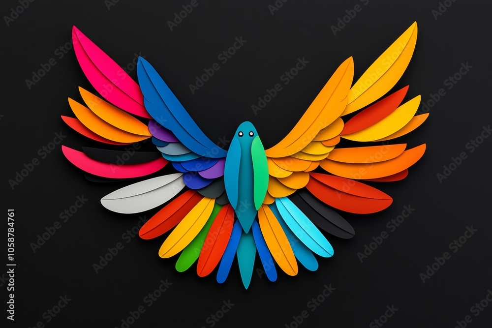 Obraz premium Colorful bird with many different colored feathers. bird is in center of the image and is surrounded by a black background. colors of feathers are vibrant and eye-catching, creating sense of energy