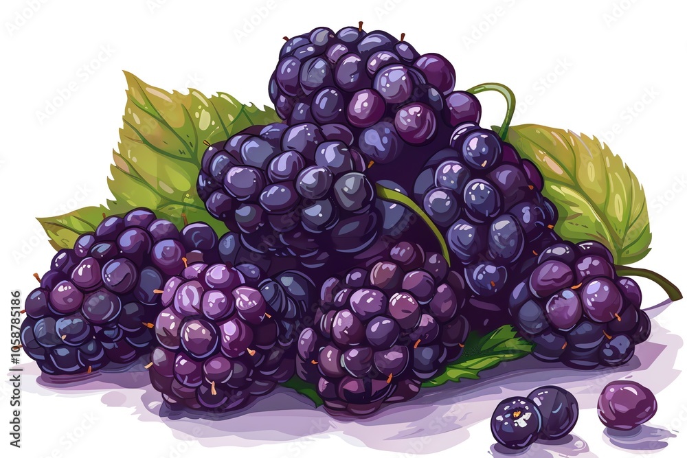 Fototapeta premium A cluster of ripe blackberries with green leaves on a white background.