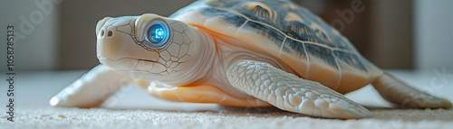 Close Up Therapy Robot Turtle Emitting Calming Sounds Macro Shot Textured Surface Multi Sensory Engagement Pet Therapy Concept Futuristic Relaxation Experiences and Soothing Vibrations photo