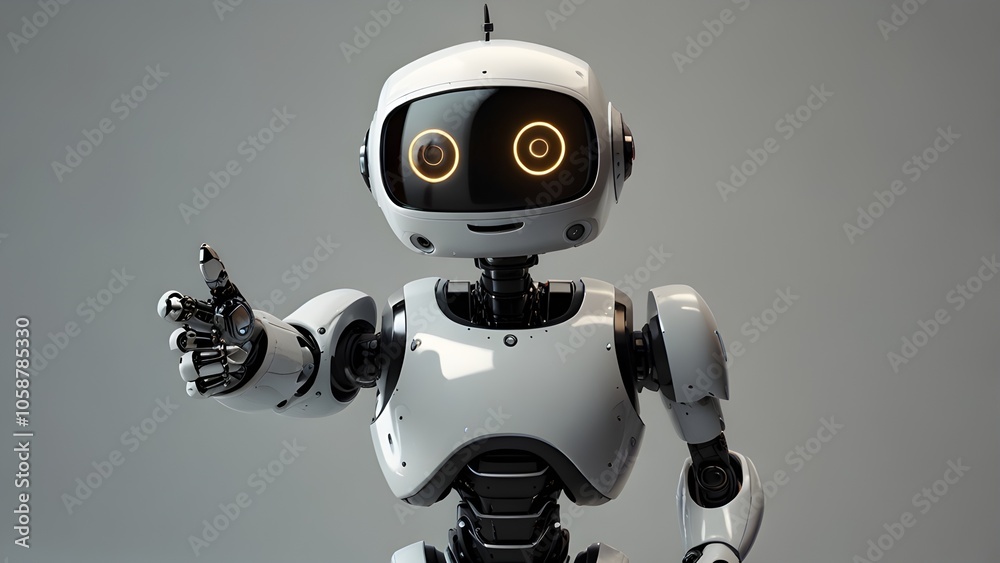 Positive cute robot pointing at a space. Copy space, Positive cute robot pointing at a space. Copy space,