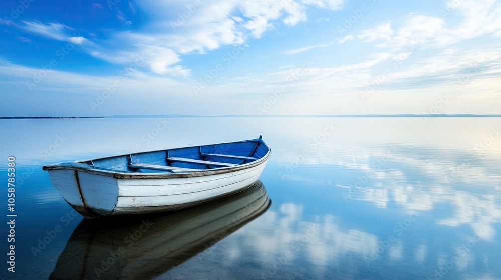 Naklejka premium Boat on isolated water, where the serene water meets the horizon, creating a peaceful scene perfect for reflection. Ideal boat imagery with ample copy space to enhance any project.