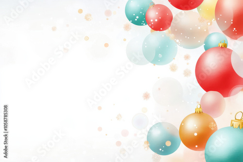 festive watercolor abstract Christmas background featuring colorful ornaments in red, blue, and gold, creating cheerful holiday atmosphere. Perfect for seasonal designs