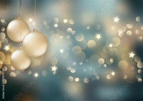 elegant Christmas background with hanging baubles and bokeh lights