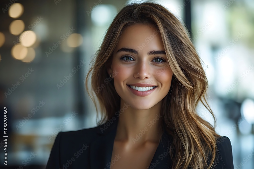 Radiant Woman with Bright Smile, Black Blazer, Warm Lighting
