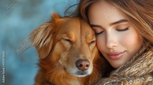 illustration of a woman embracing her dog, set against a soothing blue background. the warmth of their bond is captured beautifully, embodying love and companionship in a visually appealing way