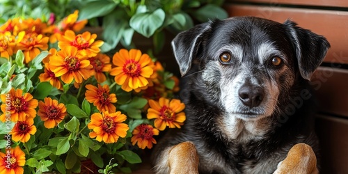 Obraz na płótnie An older dog is resting contentedly next to vibrant indoor flowers that are in full bloom. This scene emphasizes the themes of pet wellness and comfort for senior dogs. w salonie