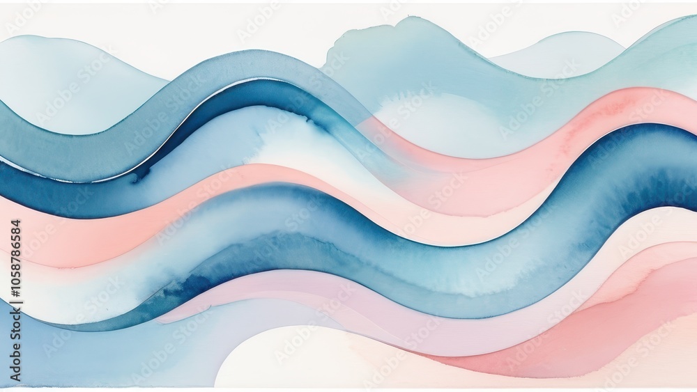 Soft, flowing watercolor waves in gentle shades of blue and pink, perfect for background designs or artistic projects