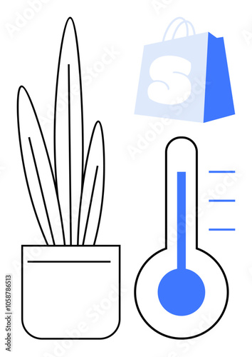 Potted plant, thermometer with three lines for measuring temperature, and shopping bag with S print. Ideal for e-commerce, online shopping, environmental awareness, health and wellness, indoor