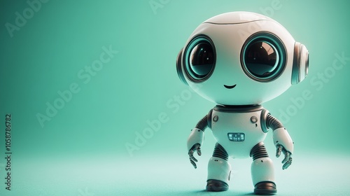 Friendly White Robot with Big Eyes Standing on a Teal Background