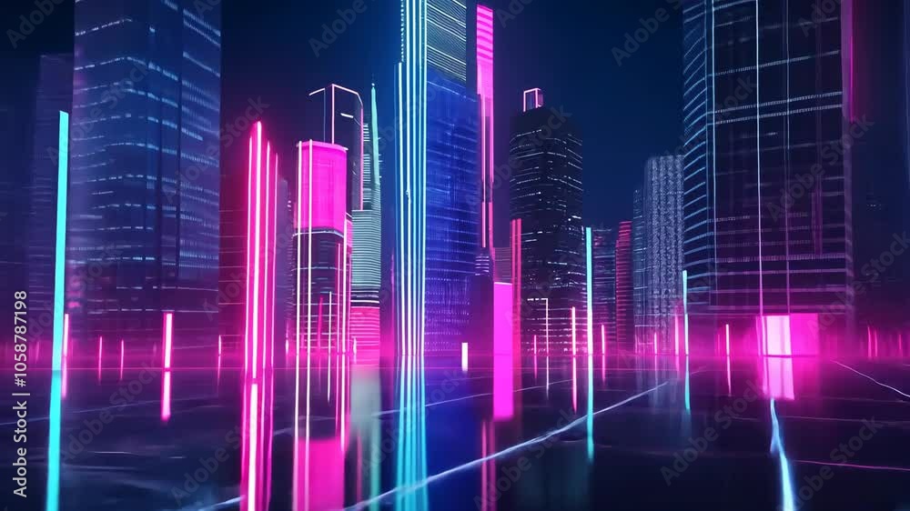 A futuristic cityscape glows with vibrant neon lights, creating a mesmerizing display at night A futuristic cityscape glows with vibrant neon lights, creating a mesmerizing display at night