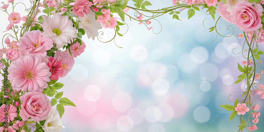 Naklejka premium A Delicate Floral Frame of Soft Pink and White Blossoms against a Blurred Background of Pastel Hues