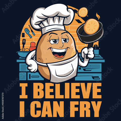 T-Shirt Design of a Cartoon Chef Potato with Frying Pan - I Believe I Can Fry