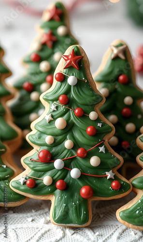 Decorative cookies in the form of a green Christmas tree with festive decorations.