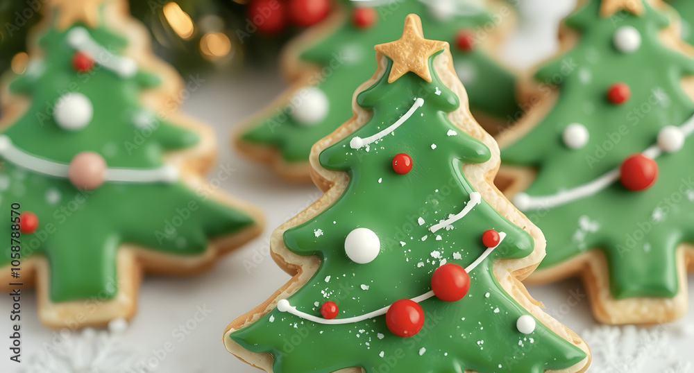 Decorative cookies in the form of a green Christmas tree with festive decorations. Decorative cookies in the form of a green Christmas tree with festive decorations.