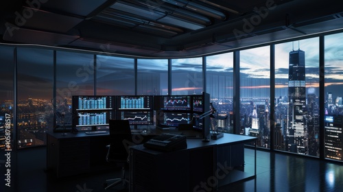 Modern Office with Cityscape View at Night