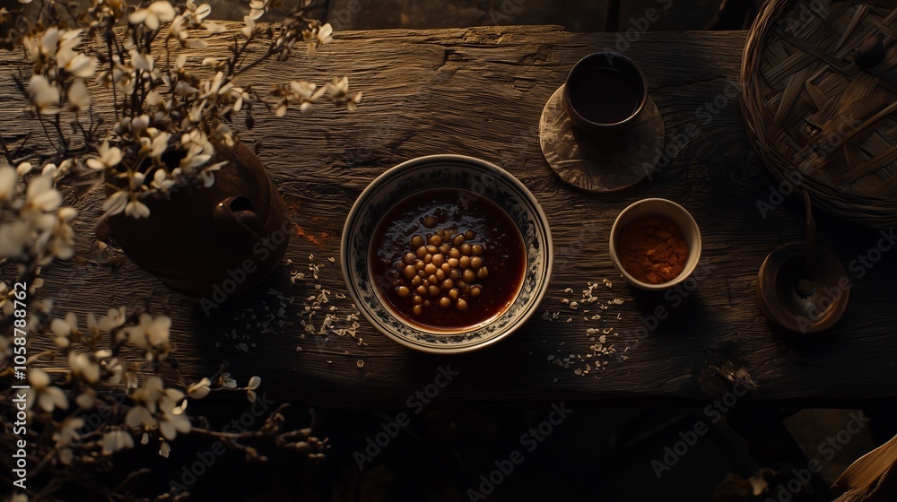 A rustic wooden table with a bowl of soup, teacup, and spices