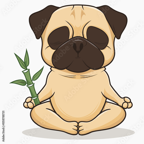 A Cute Cartoon Pug Practicing Meditation with Bamboo Plant - Design for T-Shirts