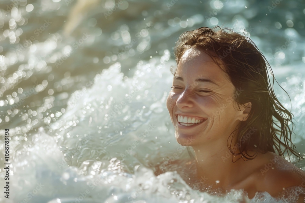 Obraz premium A woman rides a surfboard on calm and serene ocean water, ready to catch some waves