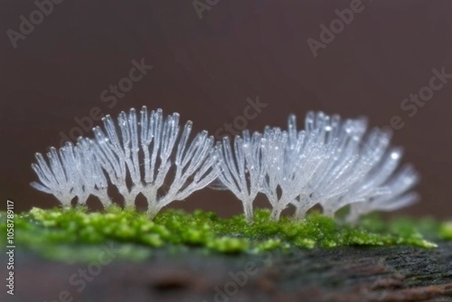 Close-up Macro Shot of Delicate Ice Crystal Mushrooms on Moss at a Forest Floor in Winter
