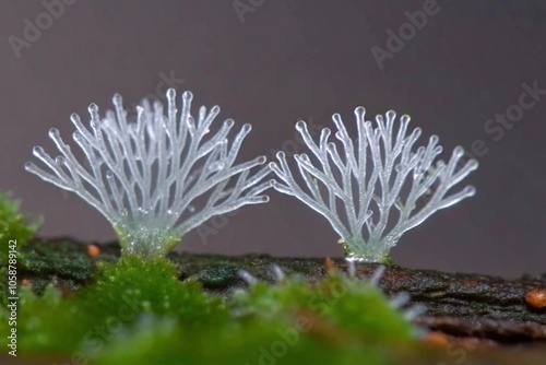 Macro Shot of Delicate Transparent Mushrooms on Mossy Branch with Soft Background