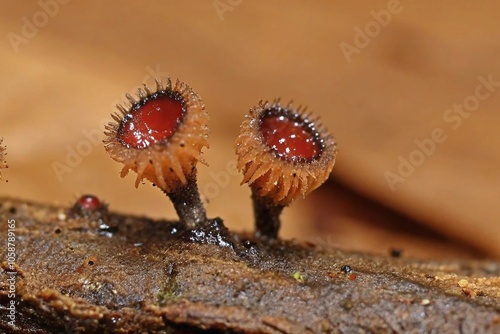 Close-Up of Unique Fungus with Brown Cup Structures in a Natural Forest Environment