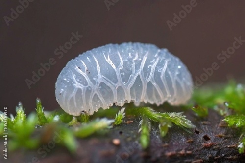 Macro Photograph of a Jelly Fungus on a Mossy Branch in a Forest Environment