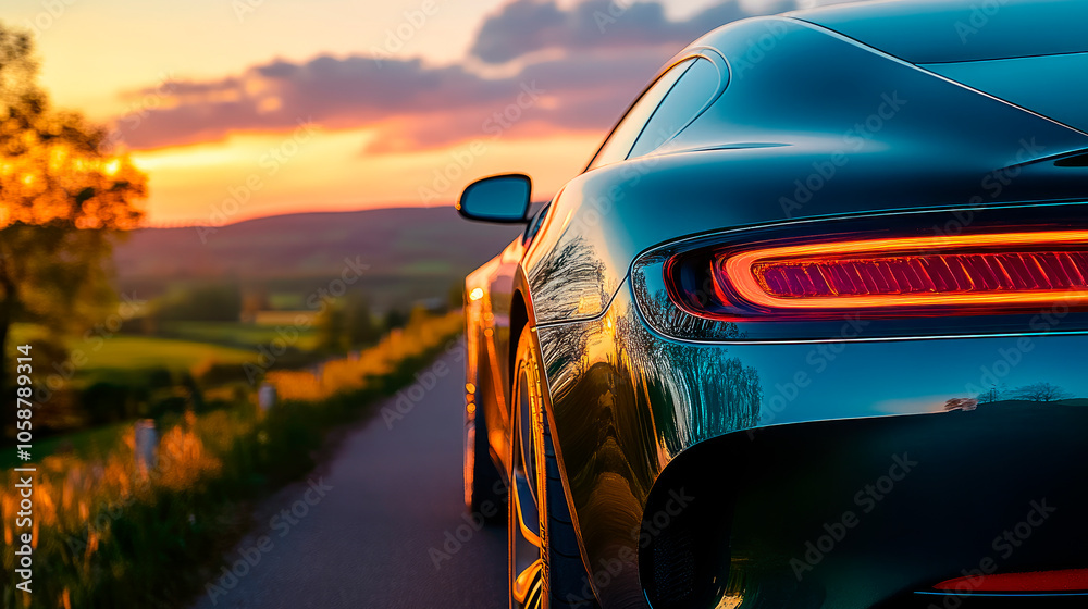 Fototapeta premium Close up view tail light of a car standing on a rural road at sunset.