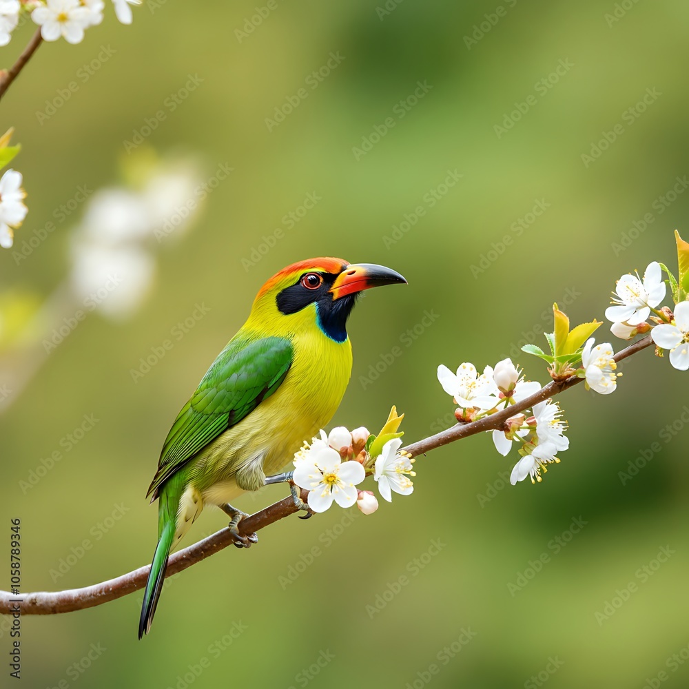 Naklejka premium Vibrant bird perched on a flowering branch in soft focus