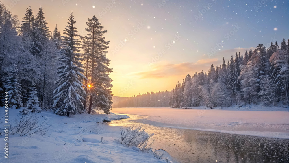 Fototapeta premium A winter sunrise casts a golden glow over a frozen lake surrounded by snow-covered trees, creating a picturesque scene of serene beauty.
