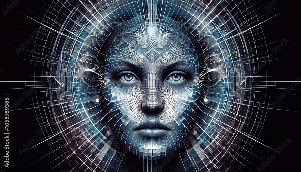 Digital art style head of a woman with a symmetrical grid creating an optical illusion Digital art style head of a woman with a symmetrical grid creating an optical illusion