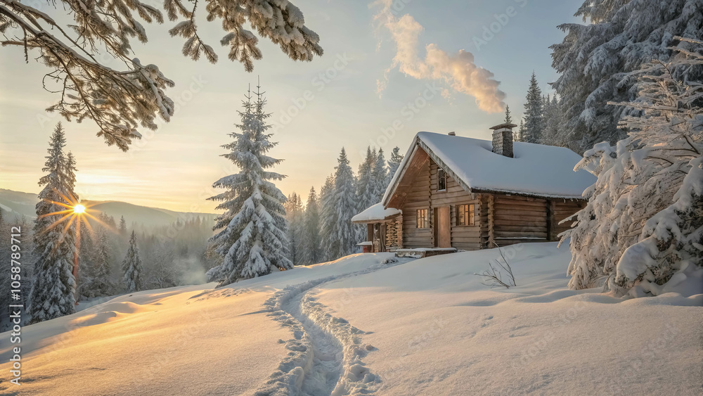 A wooden cabin nestled amidst snow-covered trees, bathed in the warm glow of a winter sunrise, with a trail leading towards it. A wooden cabin nestled amidst snow-covered trees, bathed in the warm glow of a winter sunrise, with a trail leading towards it.