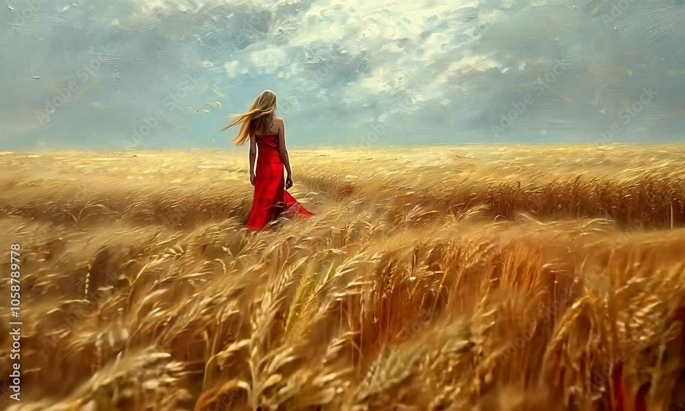 A woman in a red dress walks through endless fields of wheat, sea breeze blowing, realism A woman in a red dress walks through endless fields of wheat, sea breeze blowing, realism
