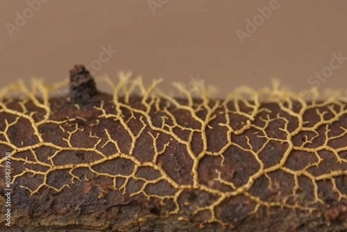 Intricate Network of Fungal Mycelium on Brown Log in a Natural Forest Environment