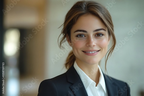 Smiling Brunette Businesswoman in Black Suit and White Shirt