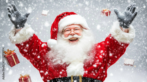 Santa Claus joyfully throws presents in the snow.