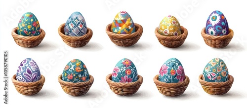 Collection Set Of Basket Of Colourful Hand Painted Decorated Easter Eggs On White Background Cutout File Many Different Design Mockup Template For Artwork Design