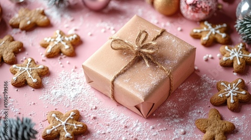 Christmas background with a gift box and ginger cookies on a pink surface creates a festive atmosphere. Perfect for holiday themes, this Christmas-inspired image offers ample copy space.