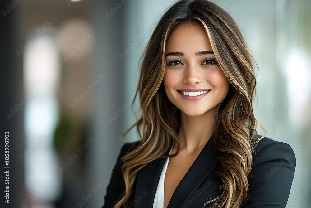 Professional Businesswoman with Wavy Hair Smiling Professional Businesswoman with Wavy Hair Smiling